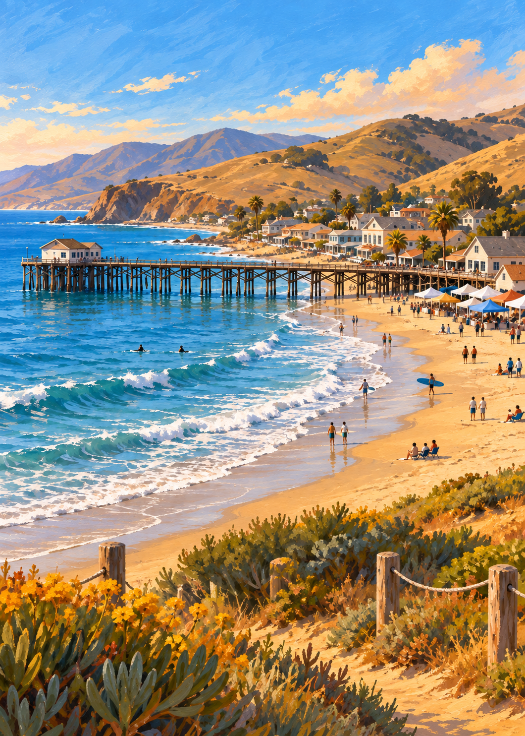 Illustration of a California coastal town with a pier and market stalls