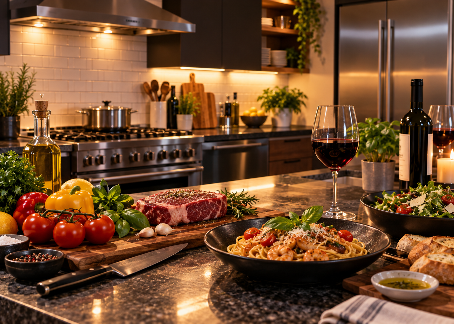 Cooking a meal at home for a date
