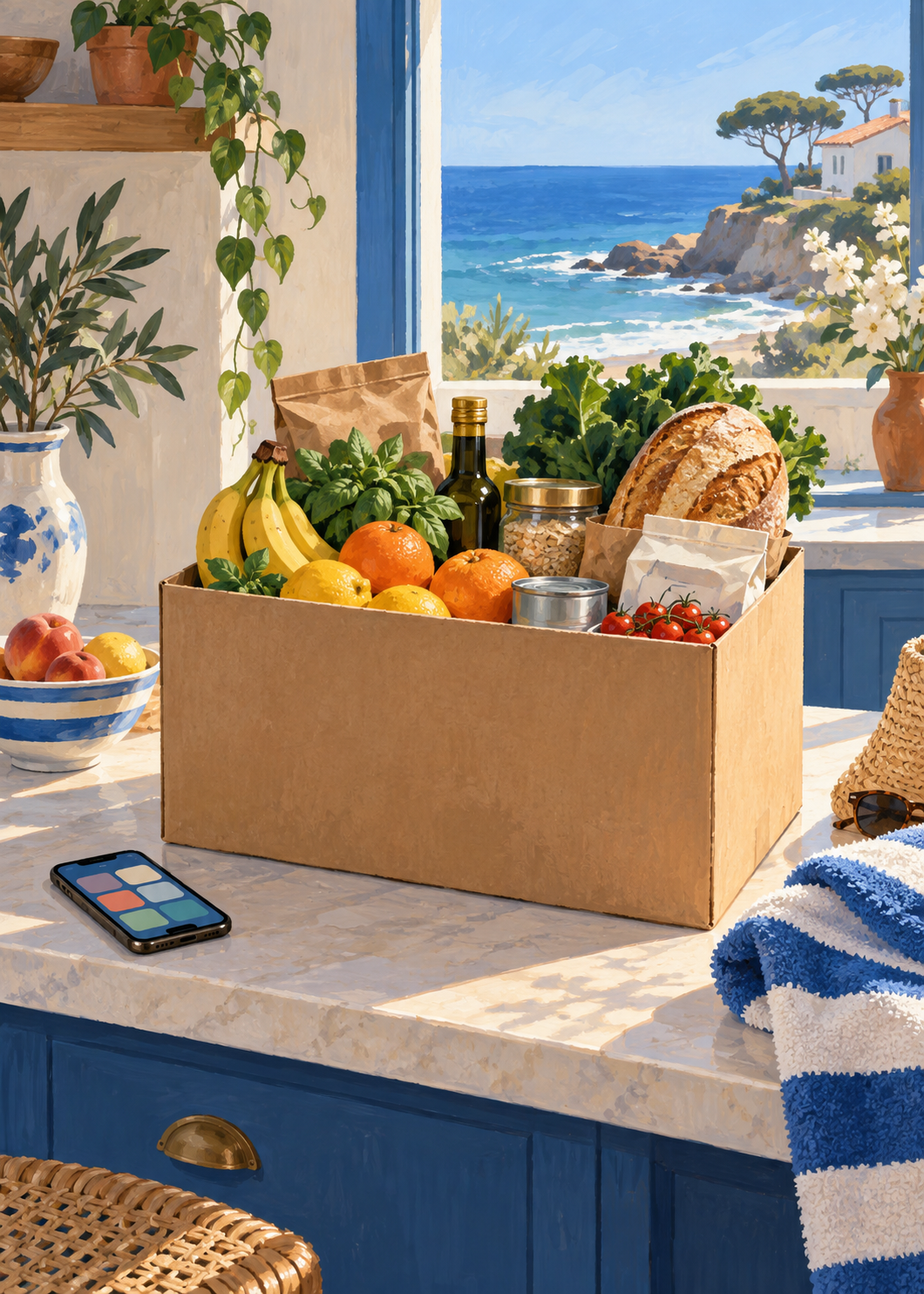 Illustration of groceries in a coastal kitchen beside a smartphone and beach towel