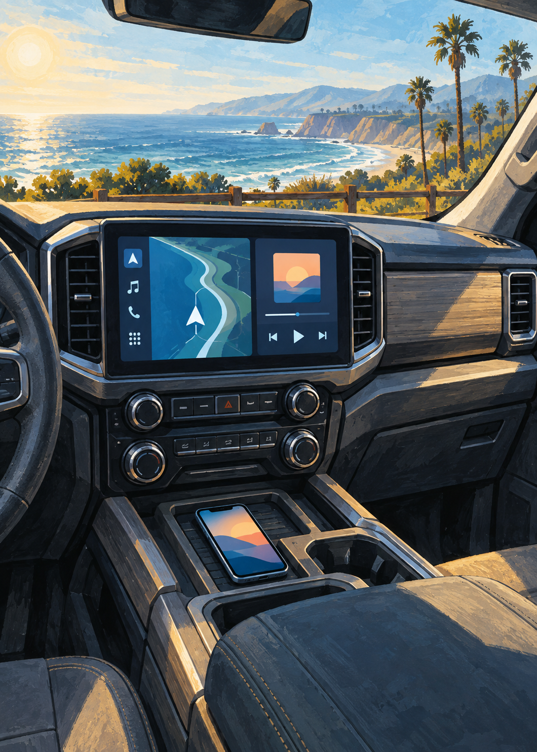 Conceptual illustration of a pickup dashboard overlooking the coast