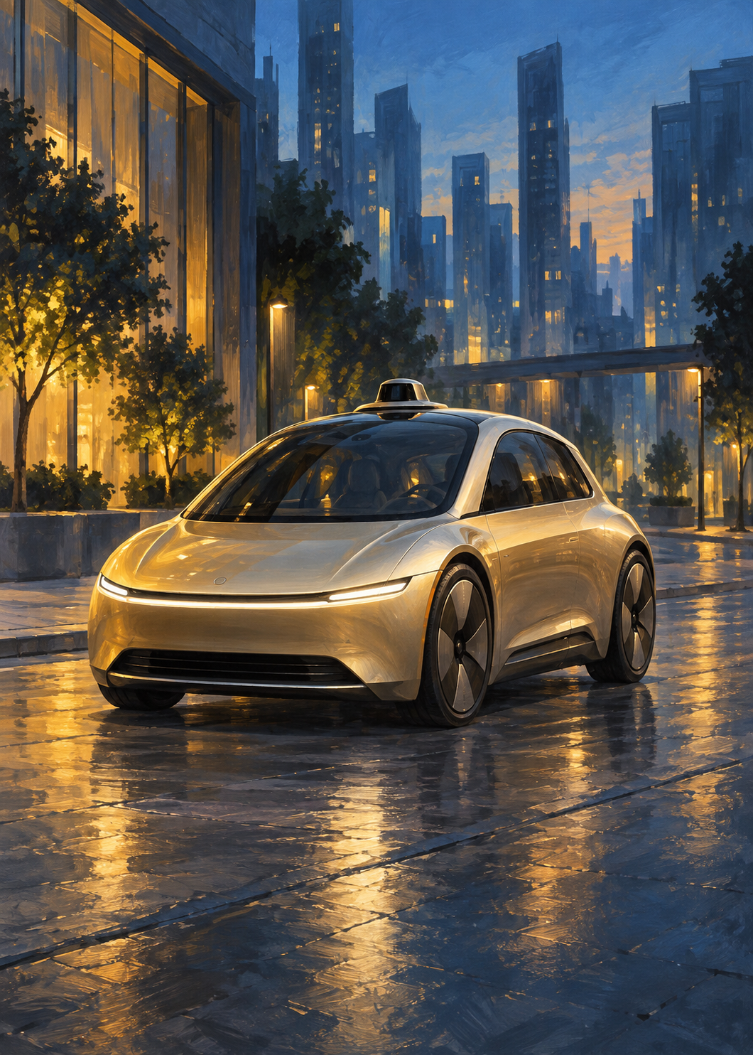 Conceptual illustration of a fictional autonomous taxi at dusk